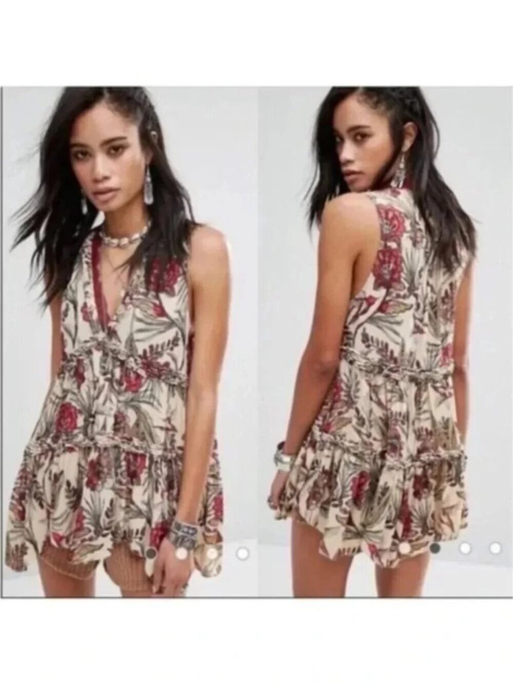 Free People Haze Hummingbird Floral Tiered Tunic Mini Dress Small luxury style